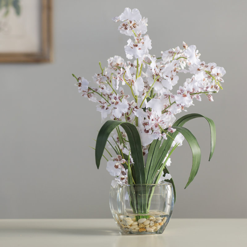 World Menagerie Silk White Orchids Floral Arrangement in Short Oval